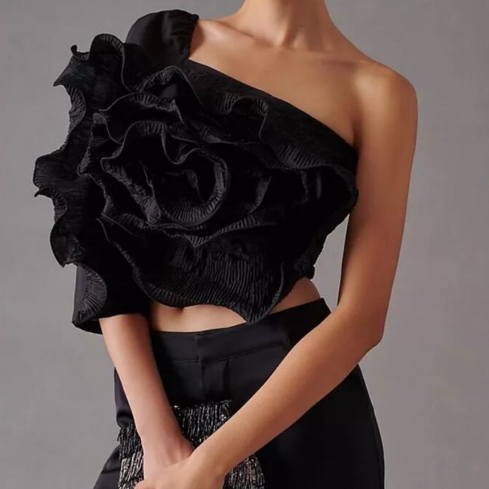 Anthropologie x Let Me Be 3-D Rosette One-Shoulder Crop Top, Size XS